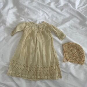 Vintage Antique Eyelet Lace Dress with Matching Handmade Crochet Hat‎